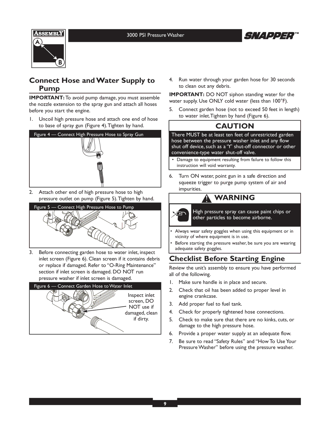 Snapper 020231-2 manual Connect Hose and Water Supply to Pump, Checklist Before Starting Engine, Inspect inlet, Screen, do 