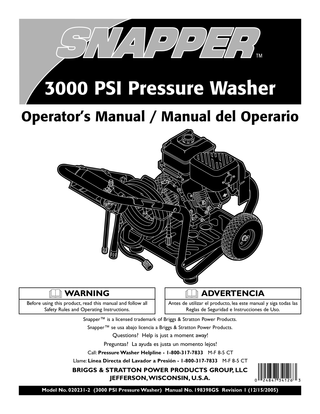 Snapper 020231-2 manual Advertencia, Briggs & Stratton Power Products Group, Llc, Jefferson,Wisconsin, U.S.A 