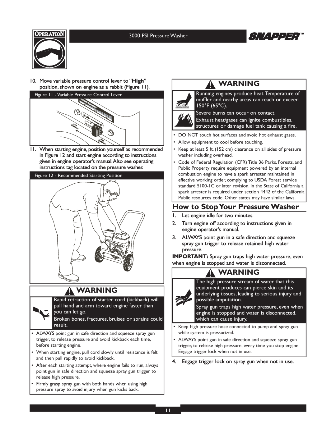Snapper 020231-2 manual How to Stop Your Pressure Washer, PSI Pressure Washer, Severe burns can occur on contact 