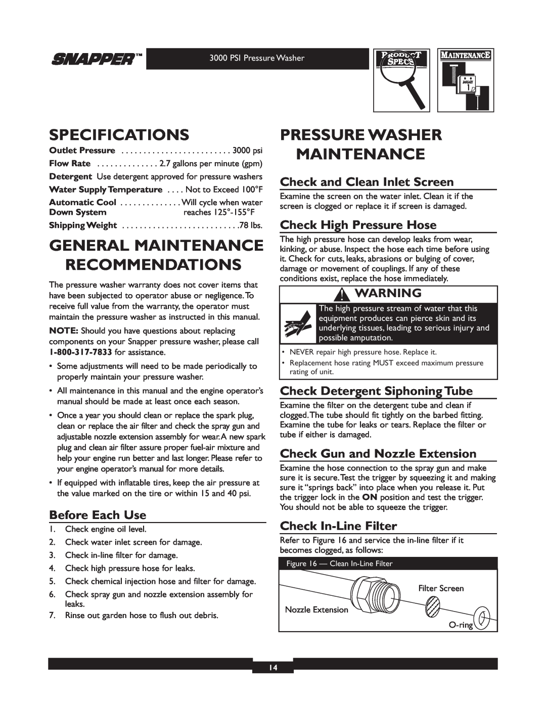 Snapper 020231-2 manual Specifications, General Maintenance Recommendations, Pressure Washer Maintenance, Before Each Use 