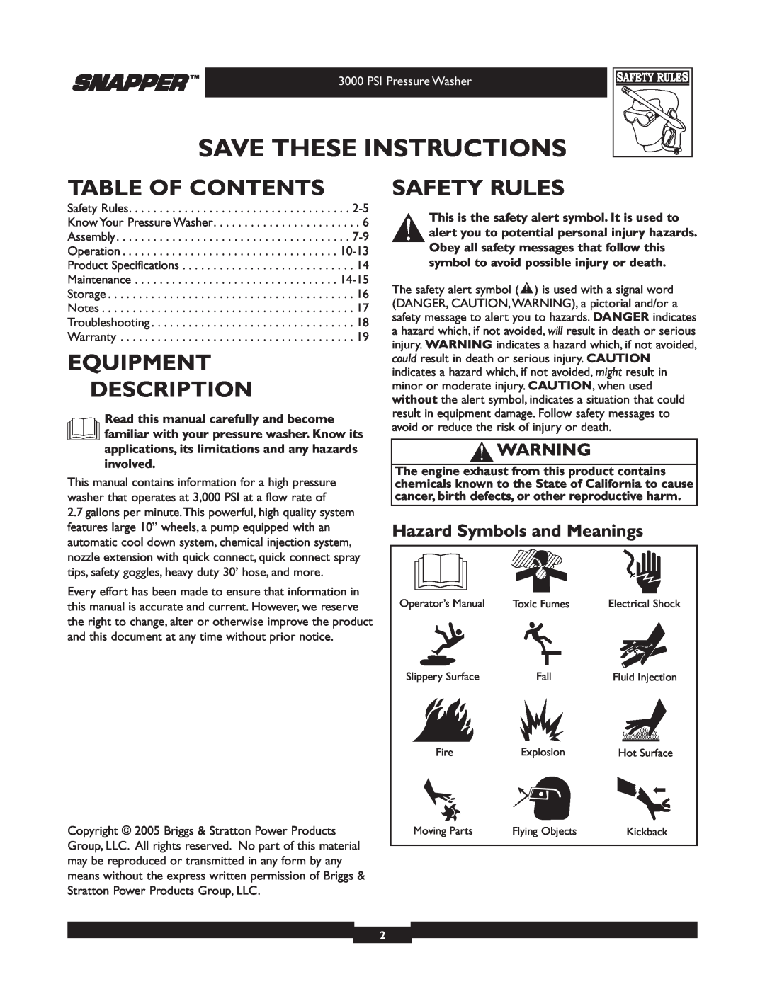 Snapper 020231-2 Table Of Contents, Equipment Description, Safety Rules, Hazard Symbols and Meanings, PSI Pressure Washer 