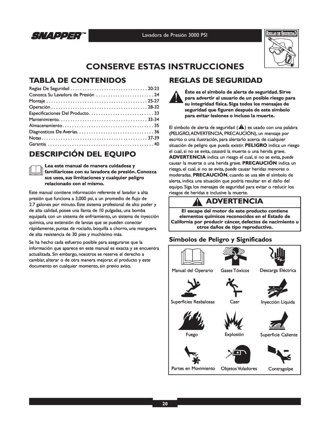 Snapper 020231-2 manual Conserve Estas Instrucciones, Tabla De Contenidos, Descripción Del Equipo, Reglas De Seguridad 