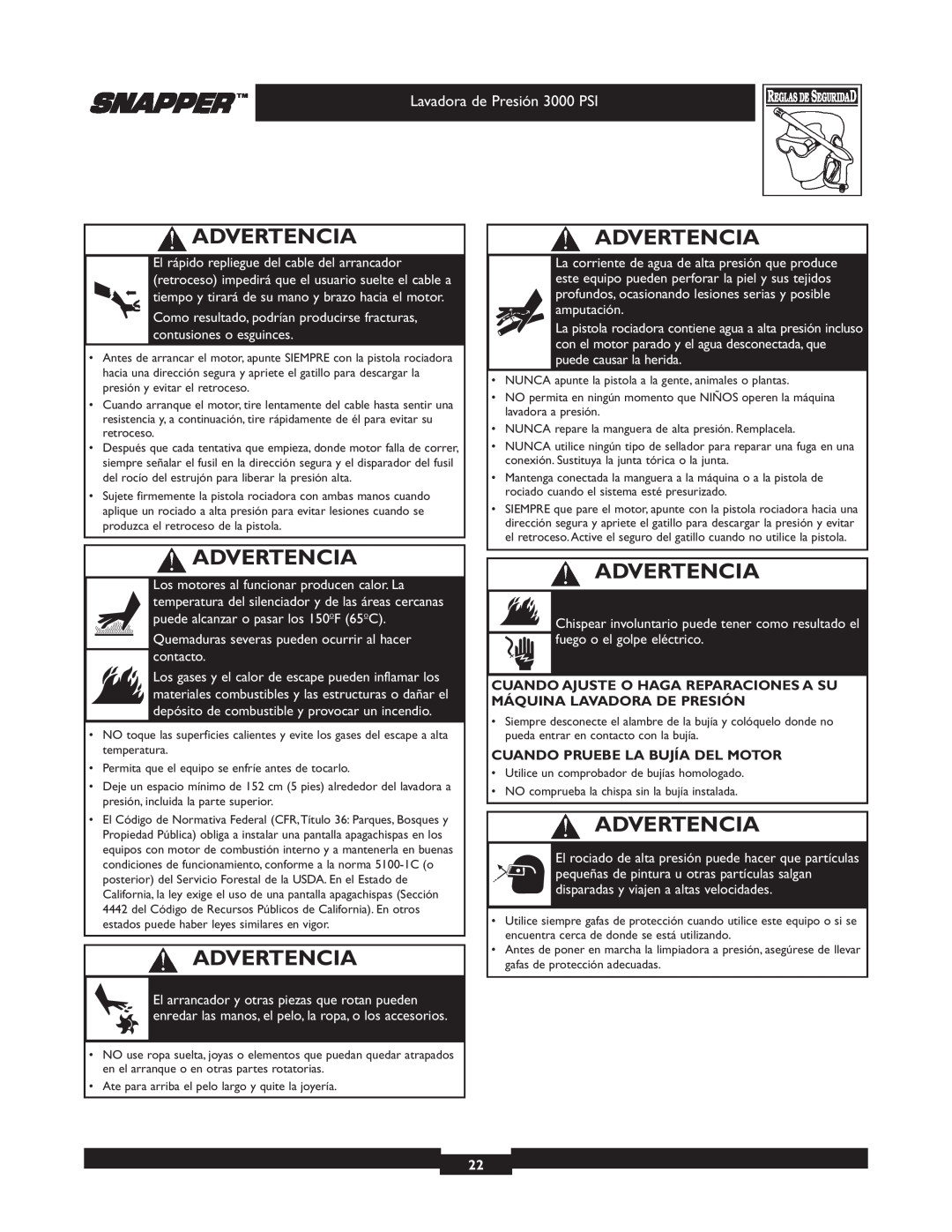 Snapper 020231-2 manual Advertencia, Lavadora de Presión 3000 PSI, Quemaduras severas pueden ocurrir al hacer contacto 