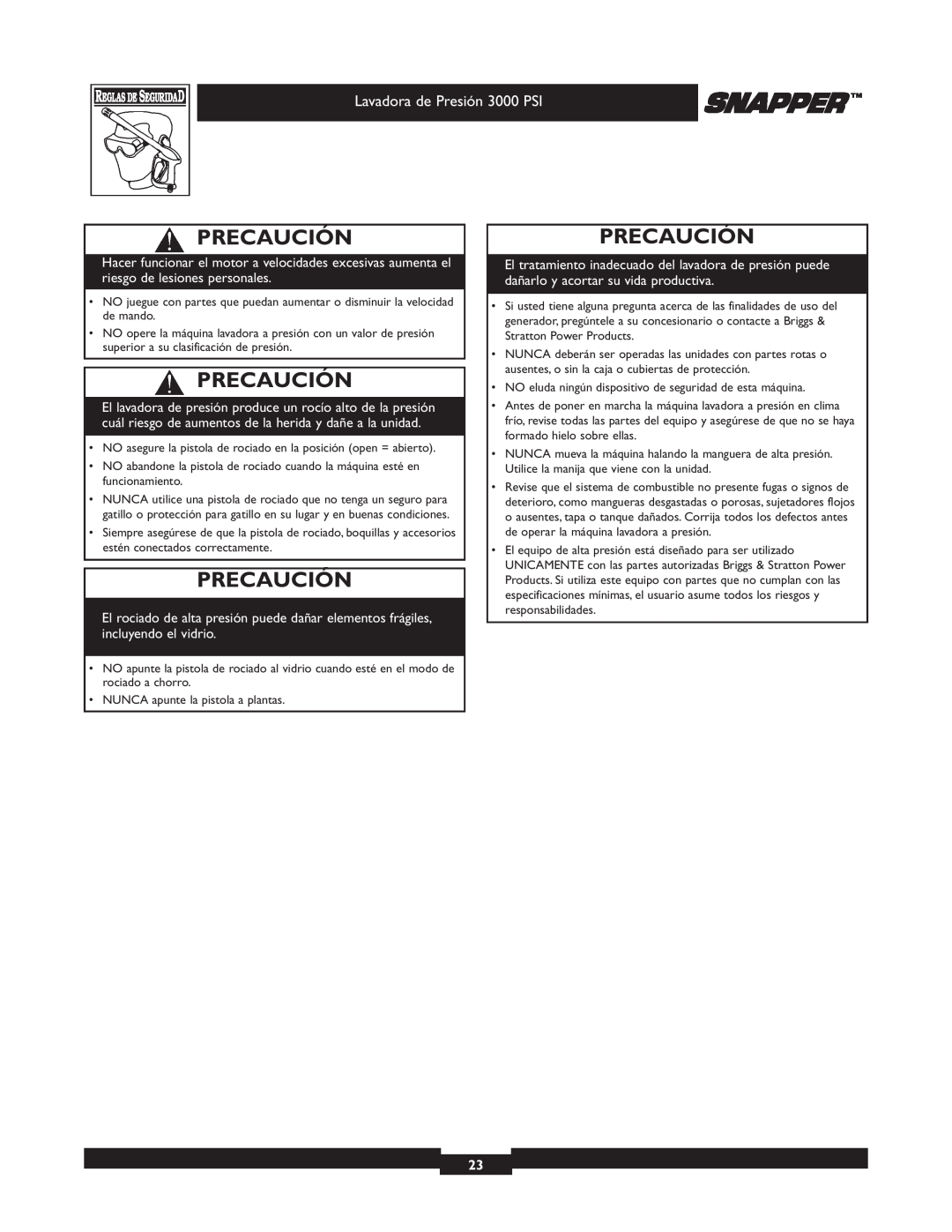 Snapper 020231-2 manual Precaución, Lavadora de Presión 3000 PSI 