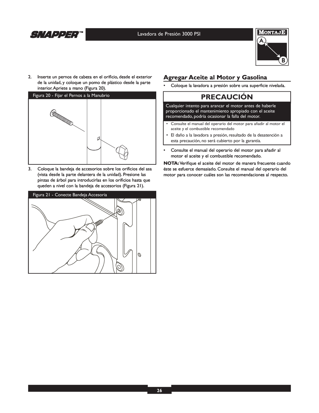 Snapper 020231-2 manual Agregar Aceite al Motor y Gasolina, Precaución, Lavadora de Presión 3000 PSI 