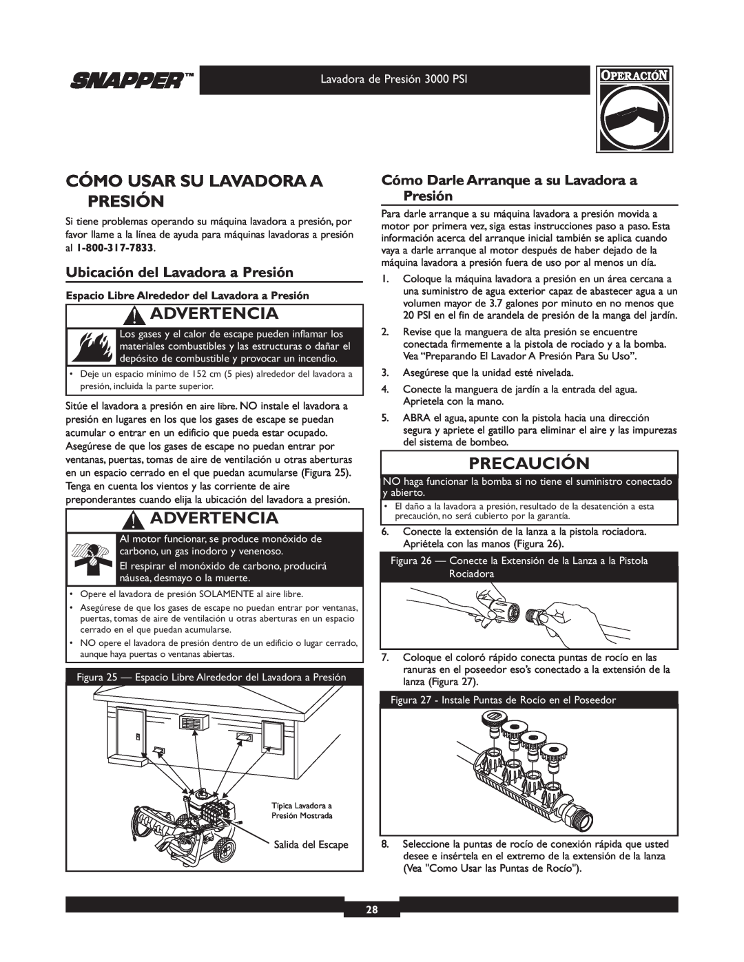 Snapper 020231-2 manual Cómo Usar Su Lavadora A Presión, Ubicación del Lavadora a Presión, Advertencia, Precaución 