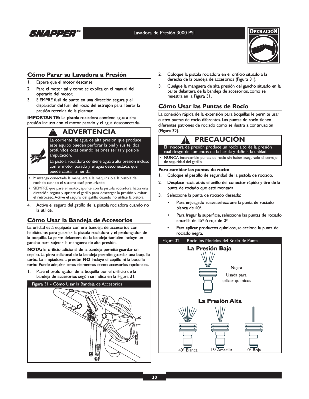 Snapper 020231-2 manual Cómo Parar su Lavadora a Presión, Cómo Usar la Bandeja de Accesorios, Cómo Usar las Puntas de Rocío 