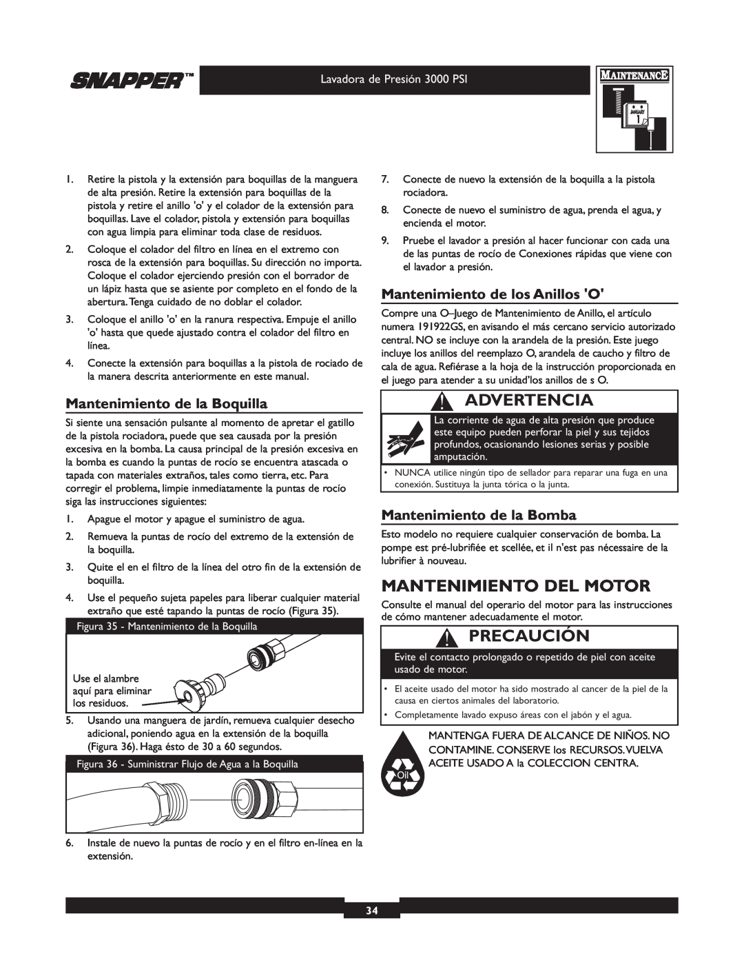 Snapper 020231-2 manual Mantenimiento Del Motor, Mantenimiento de la Boquilla, Mantenimiento de los Anillos O, Advertencia 