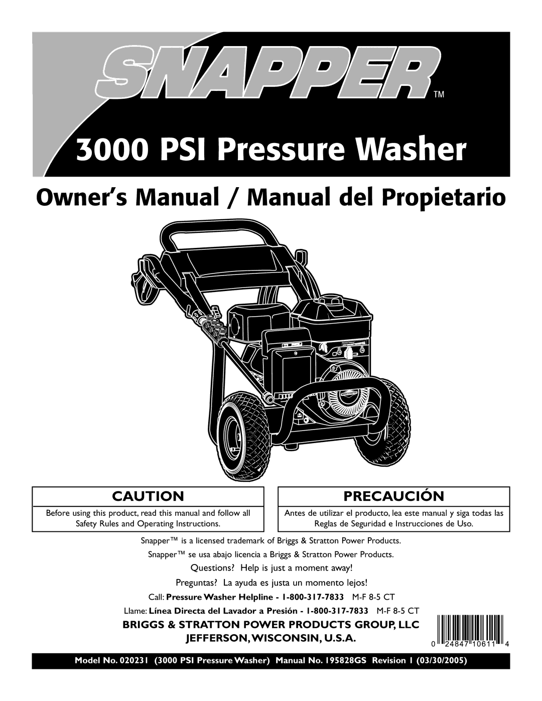 Snapper 020231 owner manual PSI Pressure Washer 