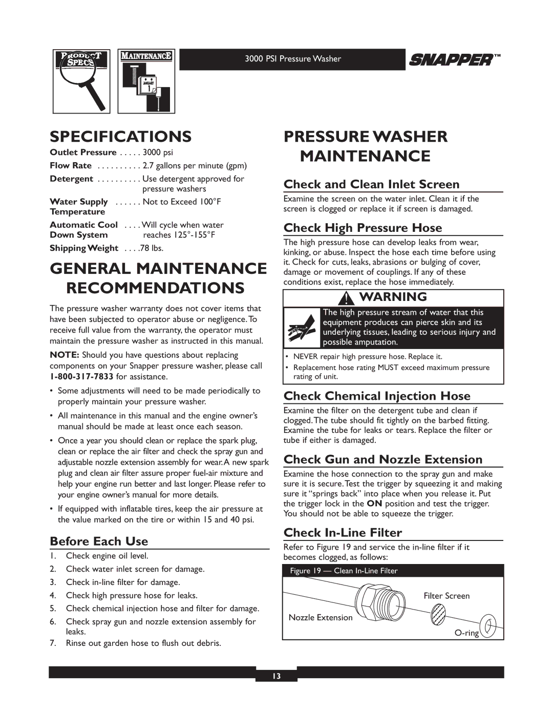 Snapper 020231 owner manual Specifications, General Maintenance Recommendations, Pressure Washer Maintenance 