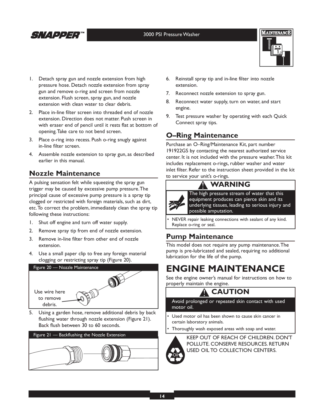 Snapper 020231 owner manual Engine Maintenance, Nozzle Maintenance, Ring Maintenance, Pump Maintenance 