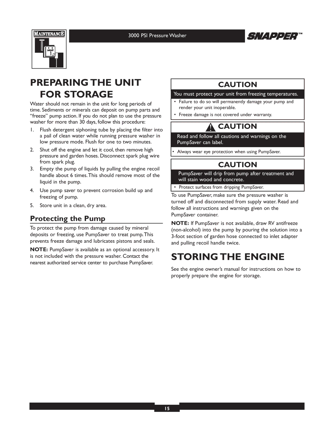 Snapper 020231 owner manual Preparing the Unit for Storage, Storing the Engine, Protecting the Pump 