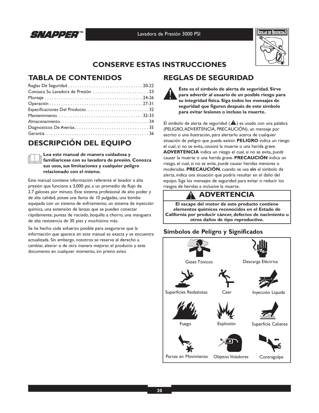 Snapper 020231 Conserve Estas Instrucciones Tabla DE Contenidos, Descripción DEL Equipo, Reglas DE Seguridad, Advertencia 