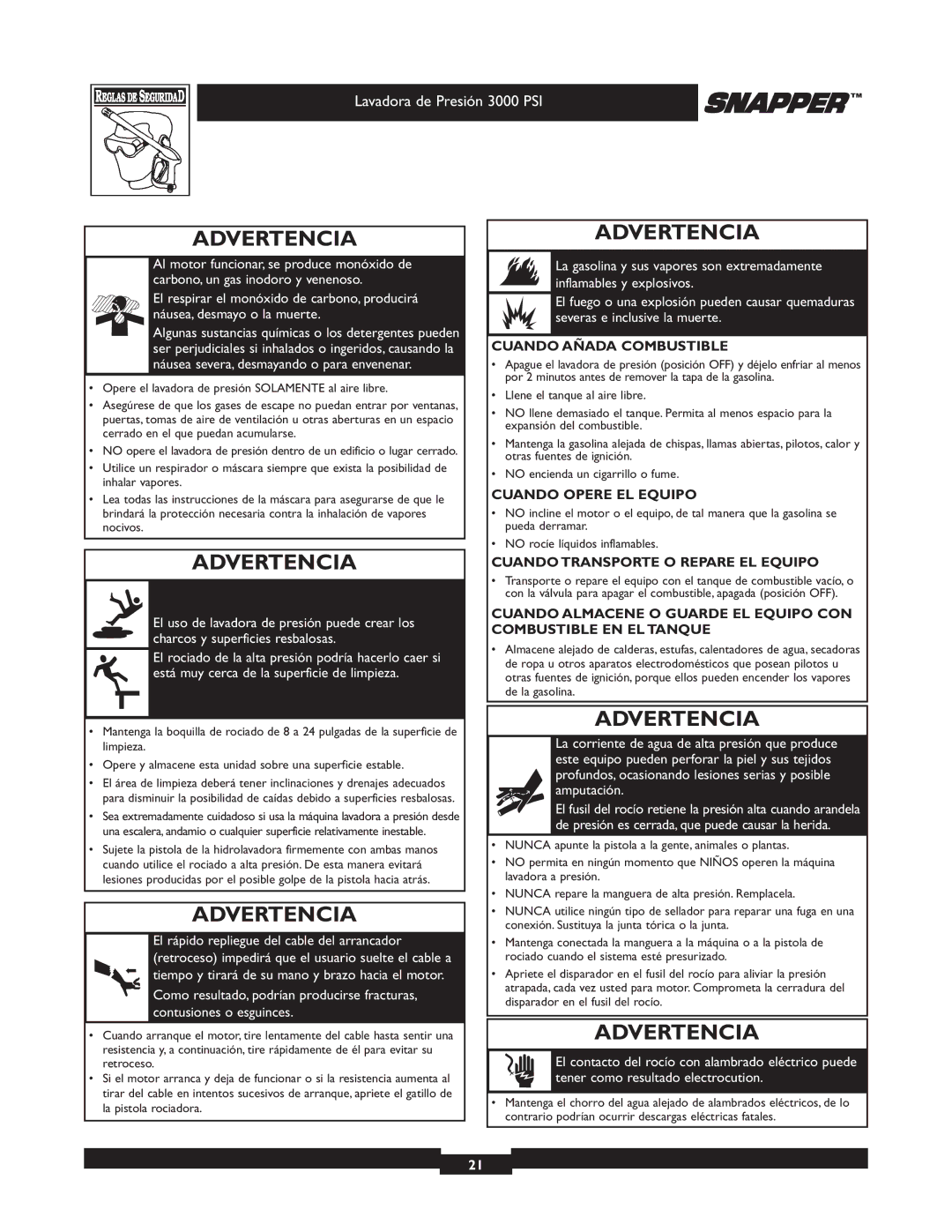 Snapper 020231 owner manual Cuando Añada Combustible 