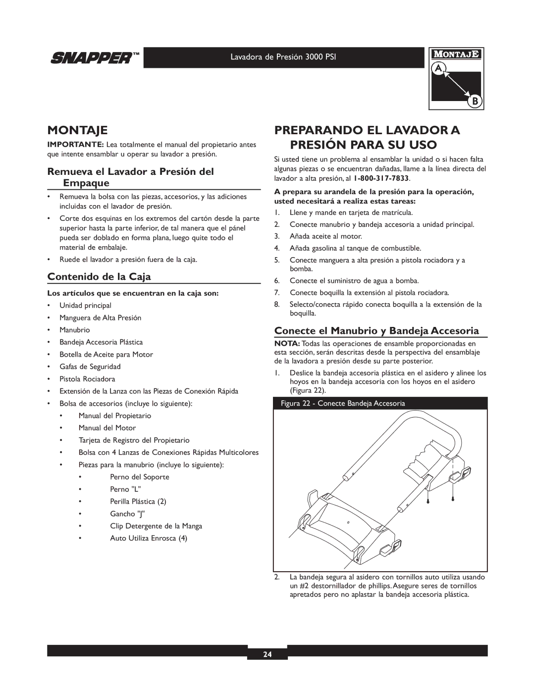Snapper 020231 owner manual Montaje, Preparando EL Lavador a Presión Para SU USO, Remueva el Lavador a Presión del Empaque 