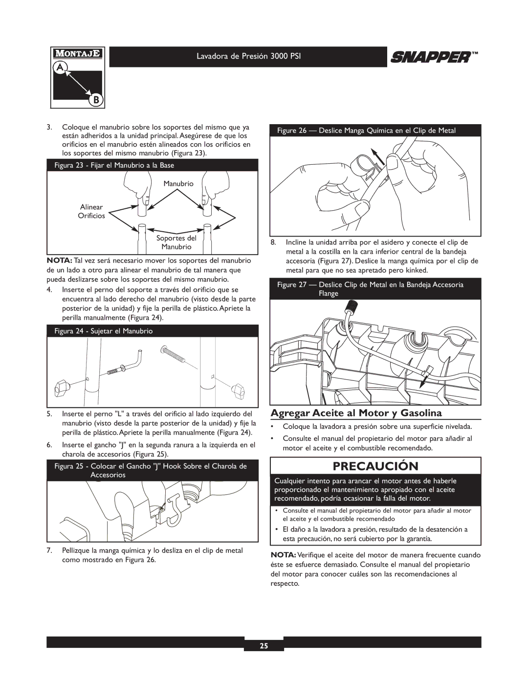 Snapper 020231 owner manual Agregar Aceite al Motor y Gasolina, Manubrio Alinear Orificios Soportes del 