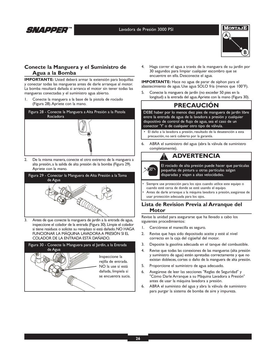 Snapper 020231 Conecte la Manguera y el Suministro de Agua a la Bomba, Lista de Revision Previa al Arranque del Motor 
