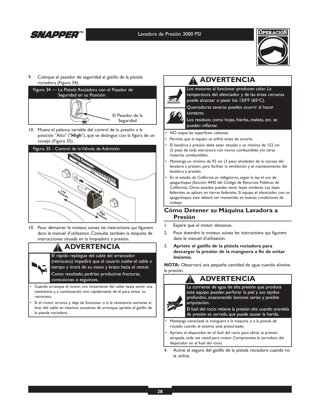 Snapper 020231 owner manual Cómo Detener su Máquina Lavadora a Presión, Figura 35 Control de la Válvula de Admisión 