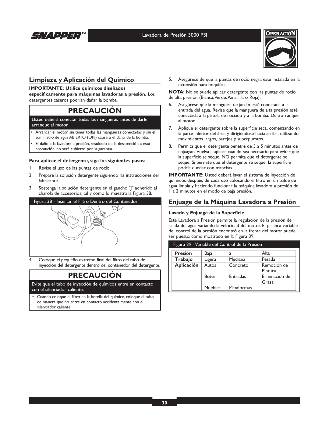 Snapper 020231 owner manual Limpieza y Aplicación del Químico, Enjuage de la Máquina Lavadora a Presión 