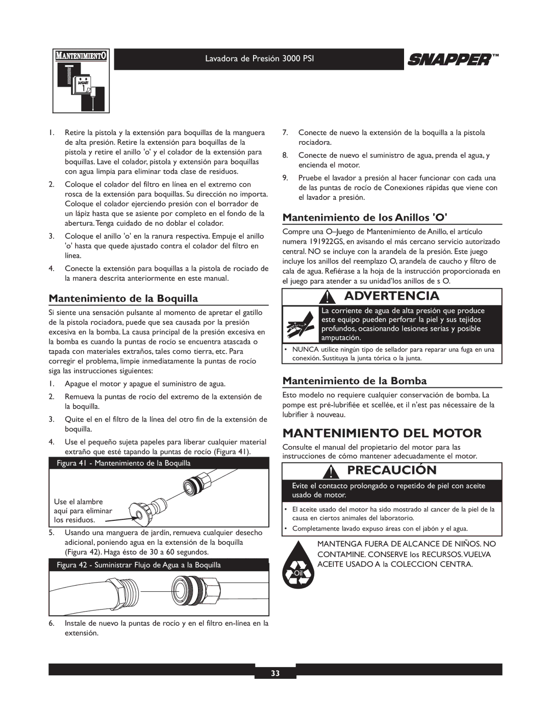 Snapper 020231 owner manual Mantenimiento DEL Motor, Mantenimiento de la Boquilla, Mantenimiento de los Anillos O 