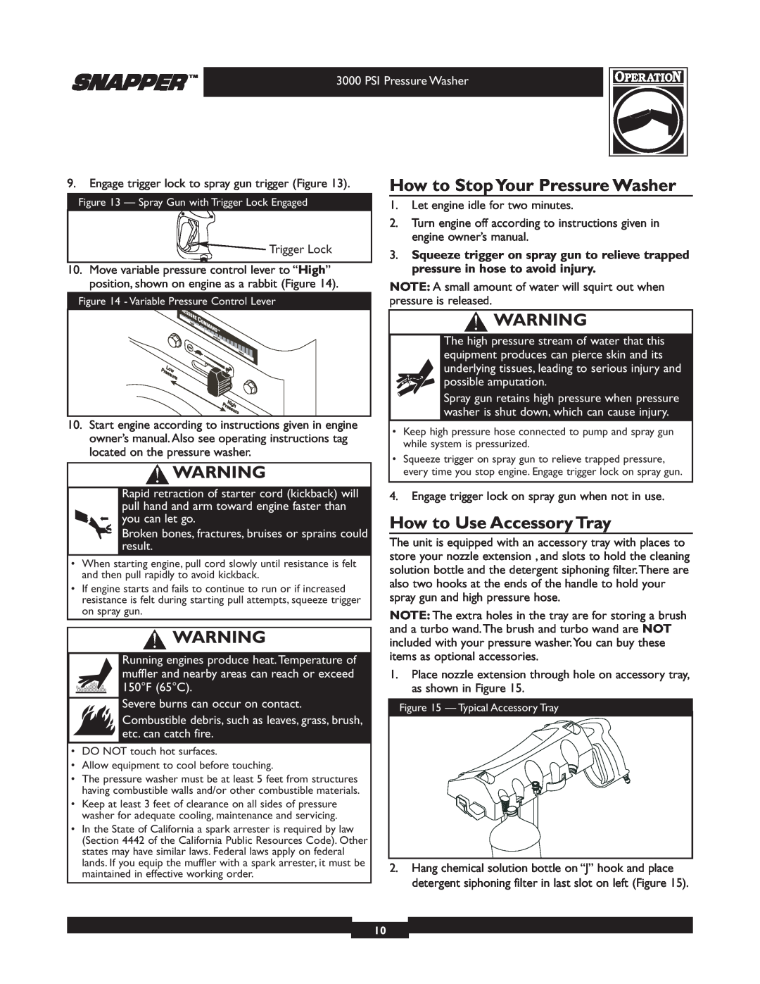 Snapper 020231 owner manual How to Stop Your Pressure Washer, How to Use Accessory Tray, PSI Pressure Washer 