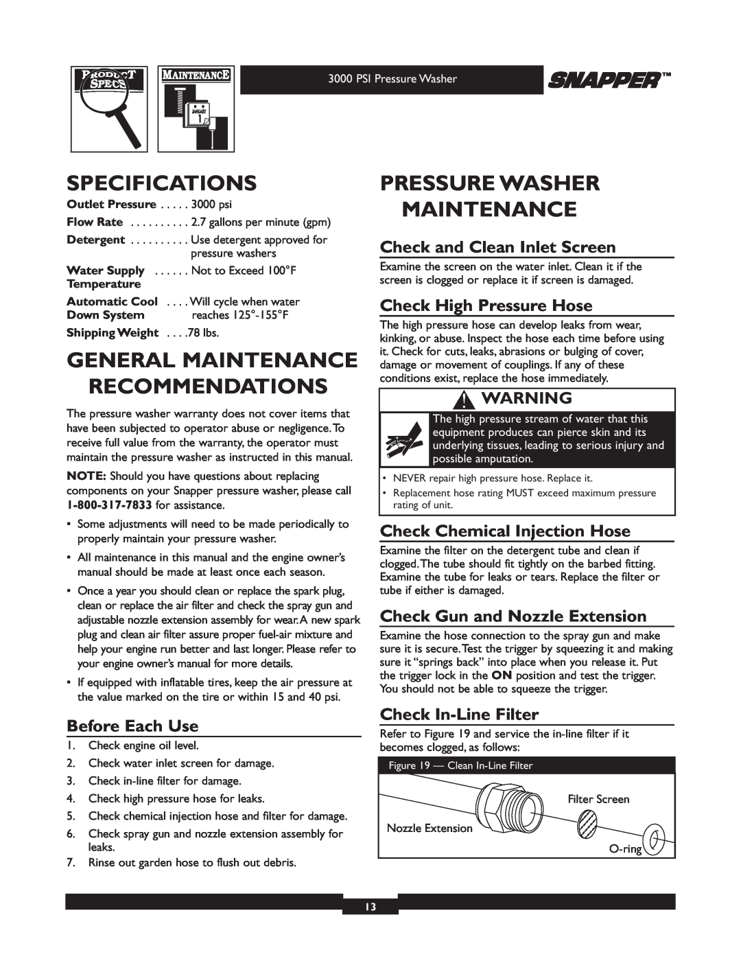 Snapper 020231 Specifications, General Maintenance Recommendations, Pressure Washer Maintenance, Check High Pressure Hose 