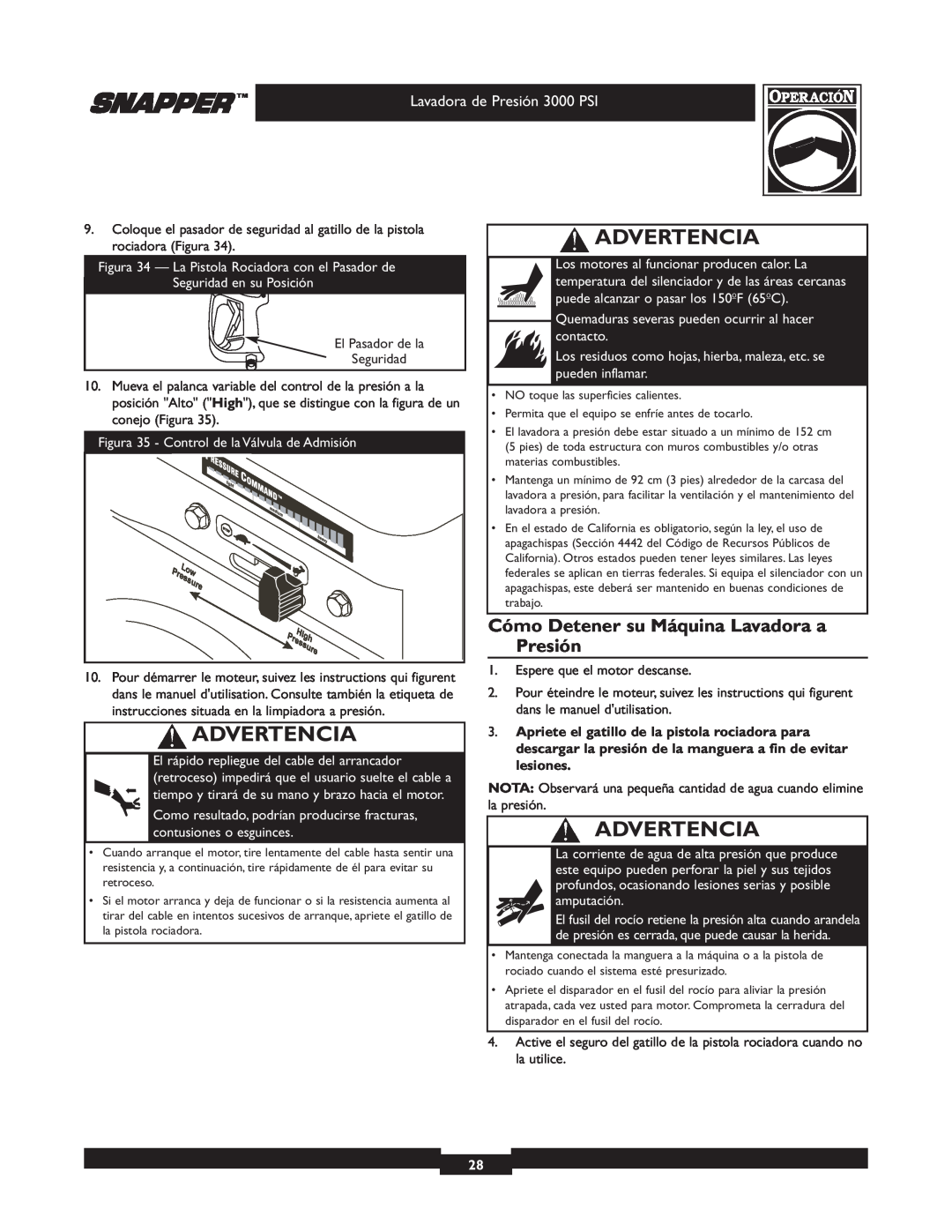 Snapper 020231 owner manual Cómo Detener su Máquina Lavadora a Presión, Advertencia, Lavadora de Presión 3000 PSI 