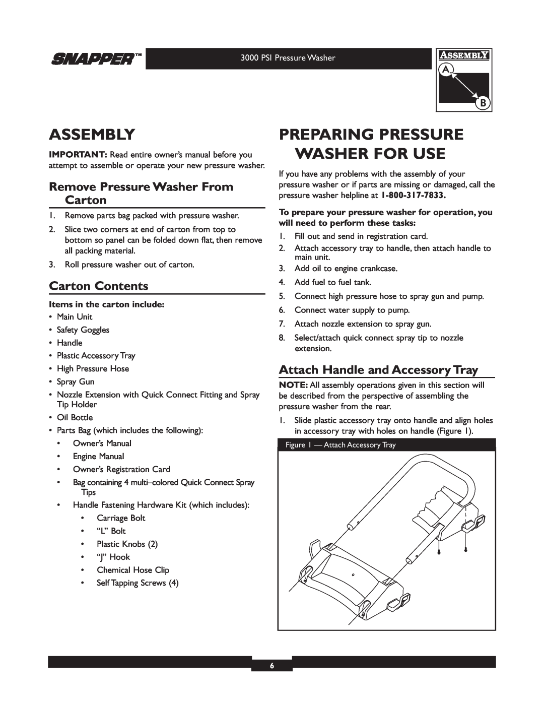 Snapper 020231 Assembly, Preparing Pressure Washer For Use, Remove Pressure Washer From Carton, Carton Contents 