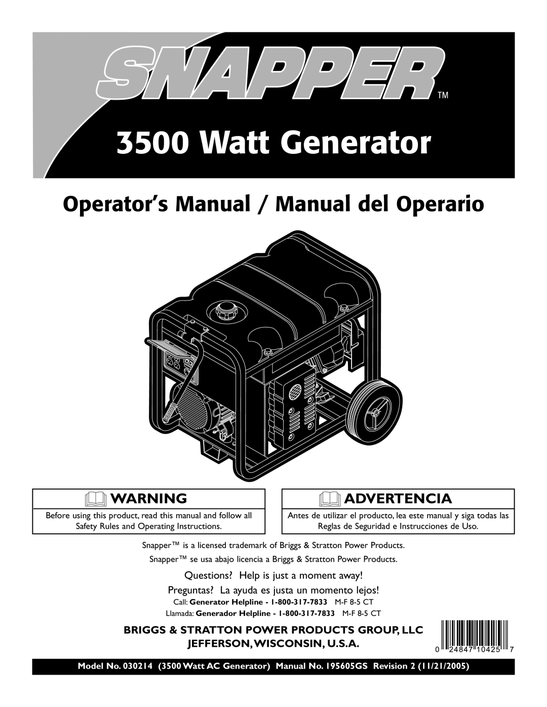 Snapper 030214 manual Watt Generator 