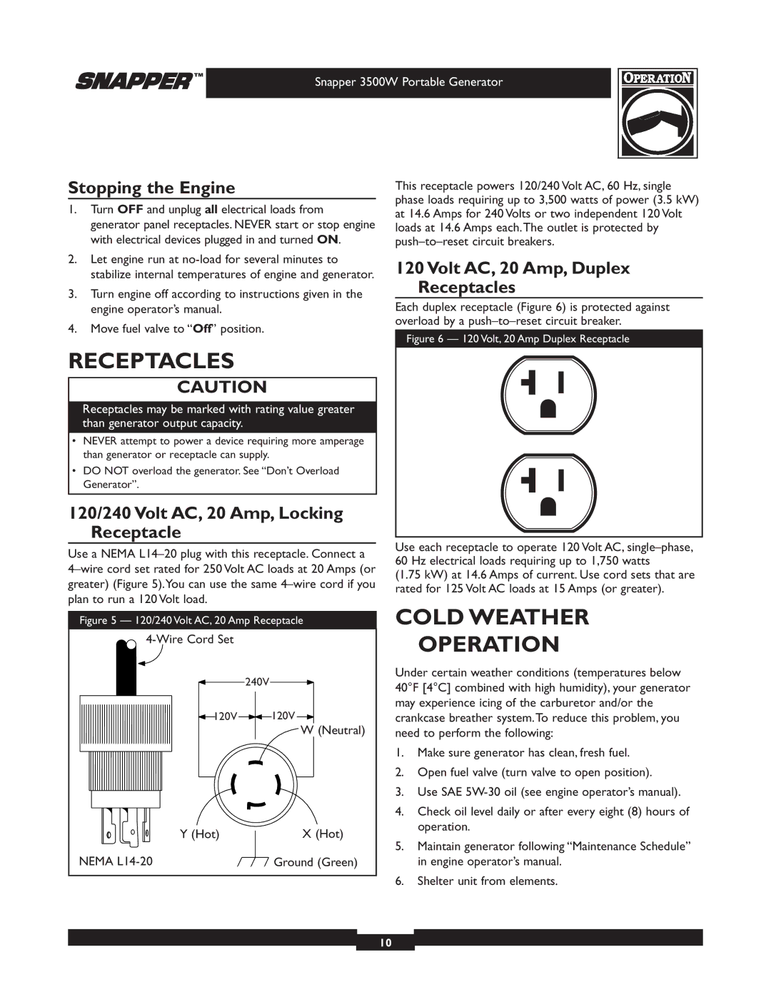 Snapper 030214 manual Cold Weather Operation, Stopping the Engine, Volt AC, 20 Amp, Duplex Receptacles 