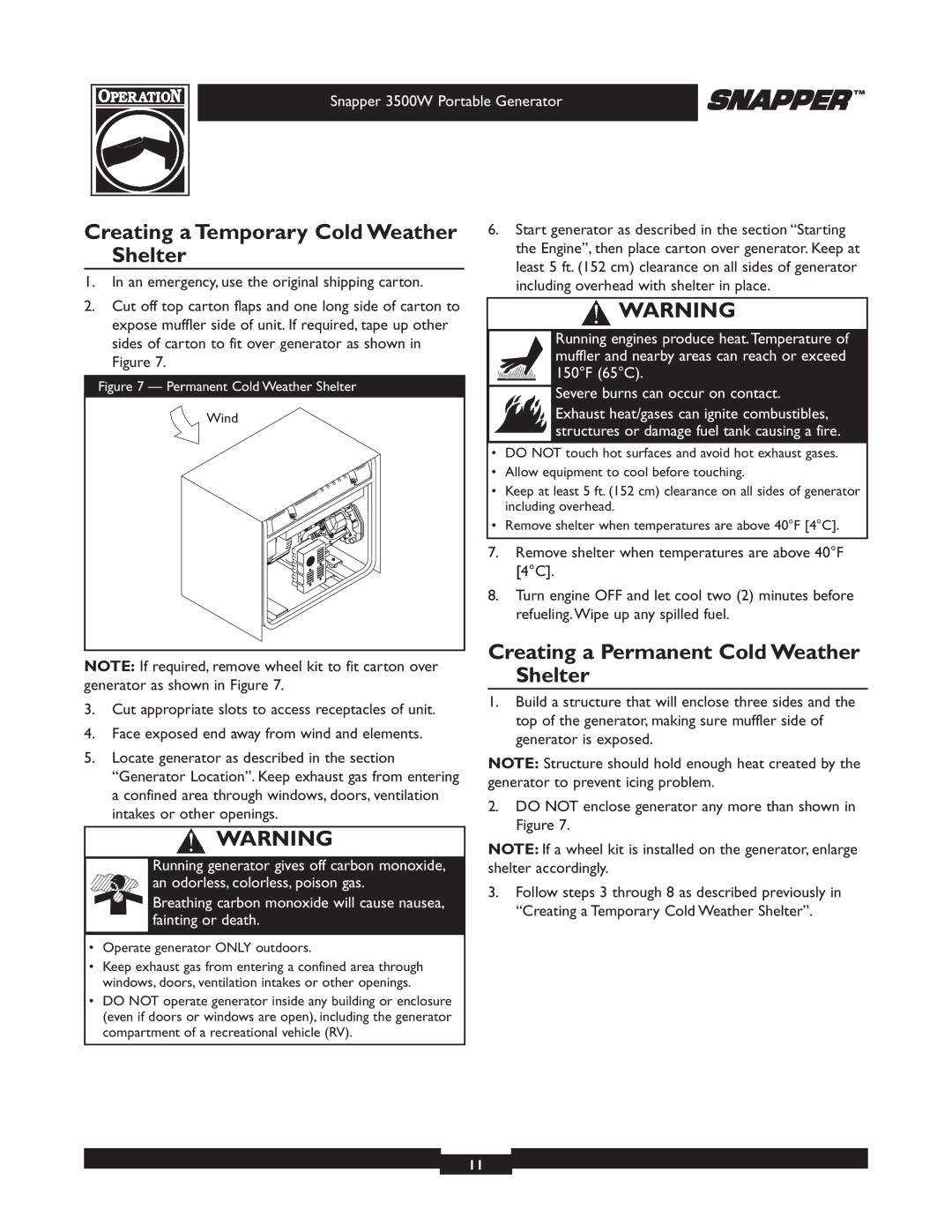 Snapper 030214 manual Creating a Temporary Cold Weather Shelter, Creating a Permanent Cold Weather Shelter 