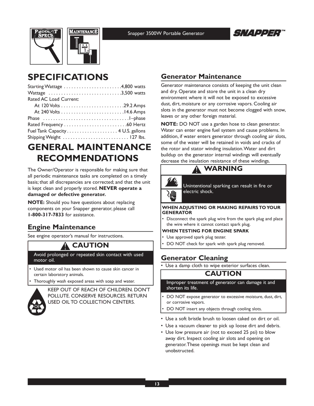 Snapper 030214 manual Specifications, General Maintenance Recommendations, Engine Maintenance, Generator Maintenance 