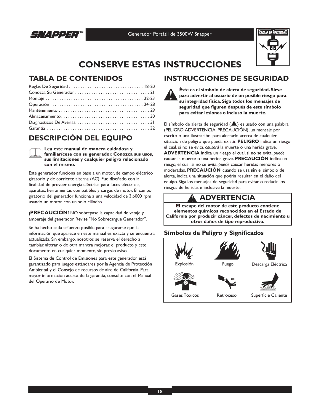 Snapper 030214 manual Tabla DE Contenidos, Descripción DEL Equipo, Instrucciones DE Seguridad, Advertencia 