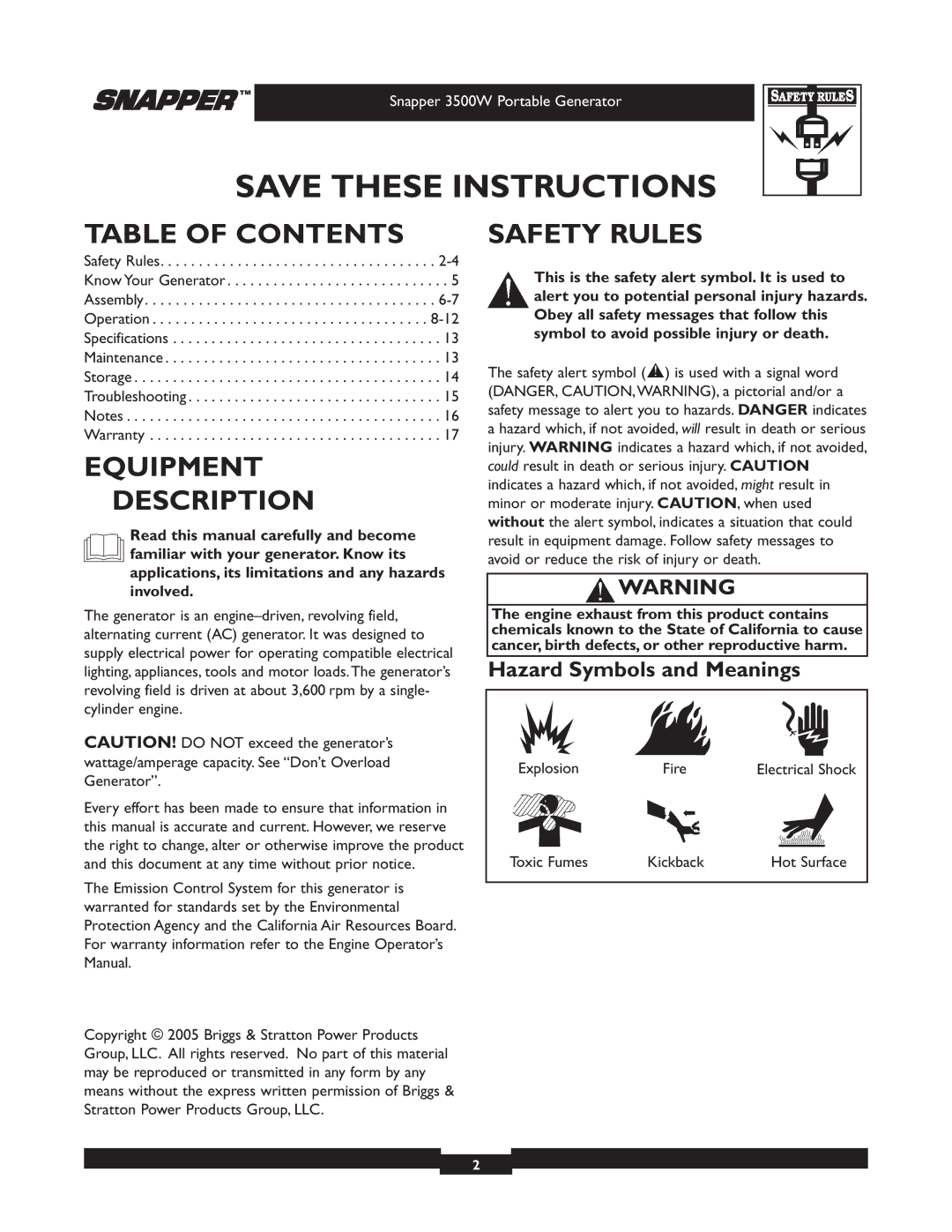 Snapper 030214 manual Table of Contents, Equipment Description, Safety Rules 