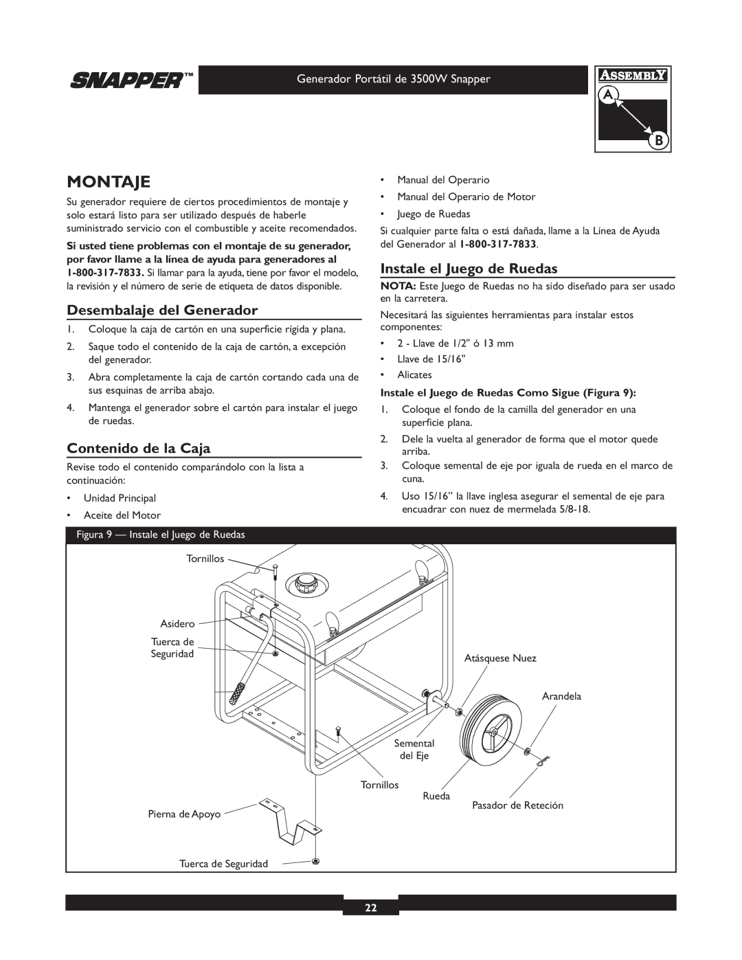 Snapper 030214 manual Montaje, Instale el Juego de Ruedas, Desembalaje del Generador, Contenido de la Caja 