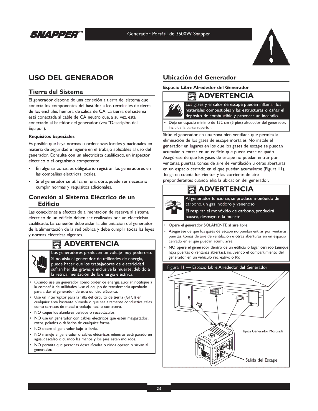 Snapper 030214 manual USO DEL Generador, Tierra del Sistema, Conexión al Sistema Eléctrico de un Edificio 