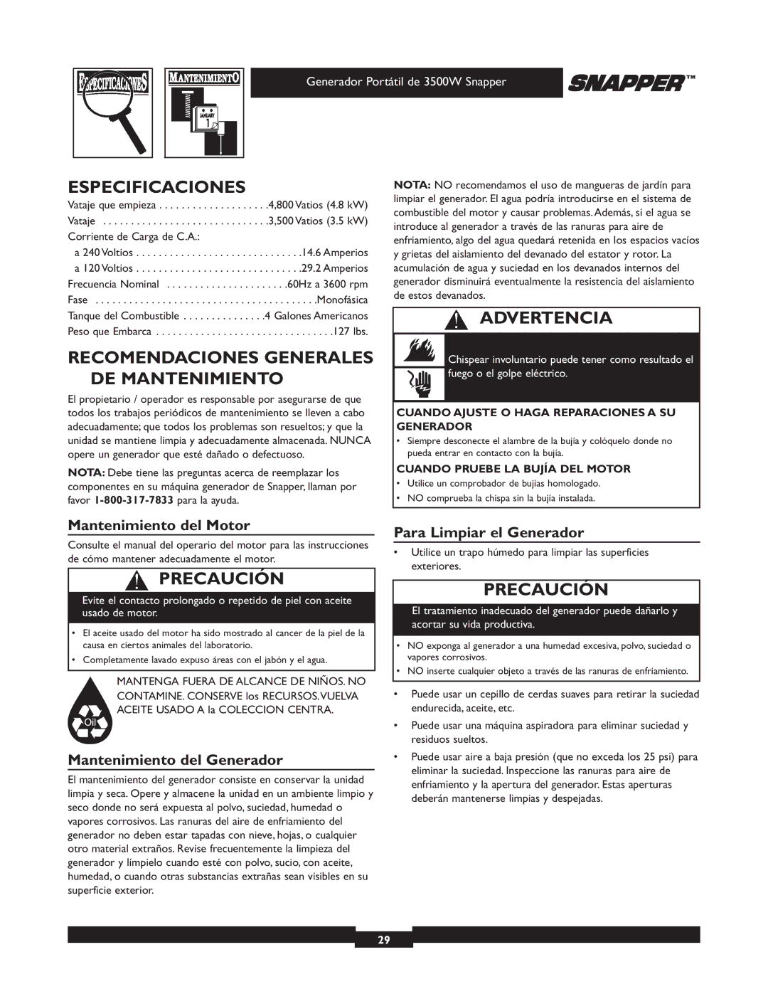 Snapper 030214 manual Especificaciones, Recomendaciones Generales DE Mantenimiento, Mantenimiento del Motor 