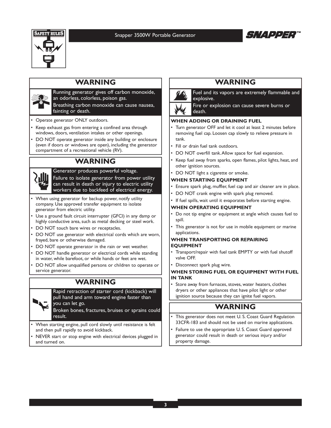 Snapper 030214 manual When Adding or Draining Fuel, When Starting Equipment, When Operating Equipment 