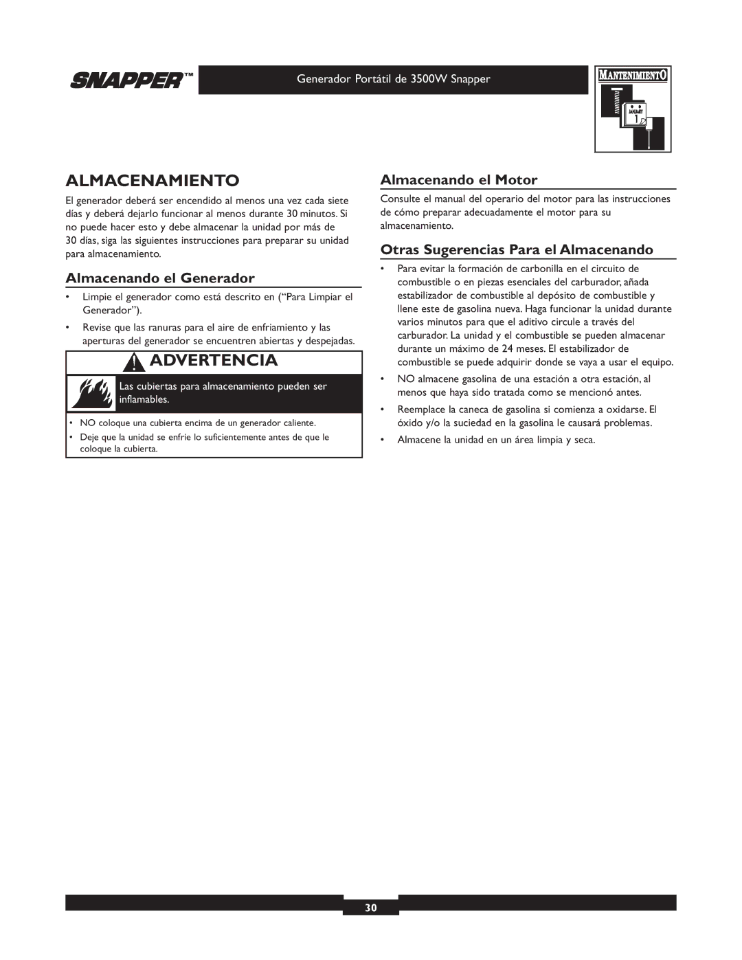 Snapper 030214 manual Almacenamiento, Almacenando el Generador, Almacenando el Motor, Otras Sugerencias Para el Almacenando 