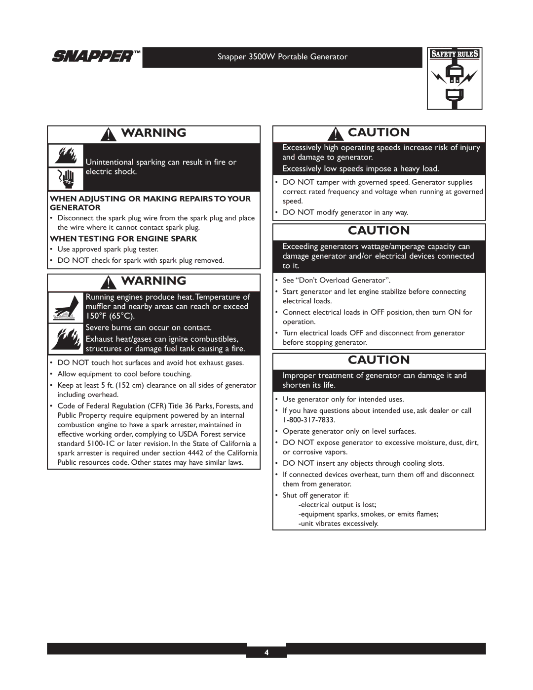 Snapper 030214 manual When Adjusting or Making Repairs to Your Generator, When Testing for Engine Spark 