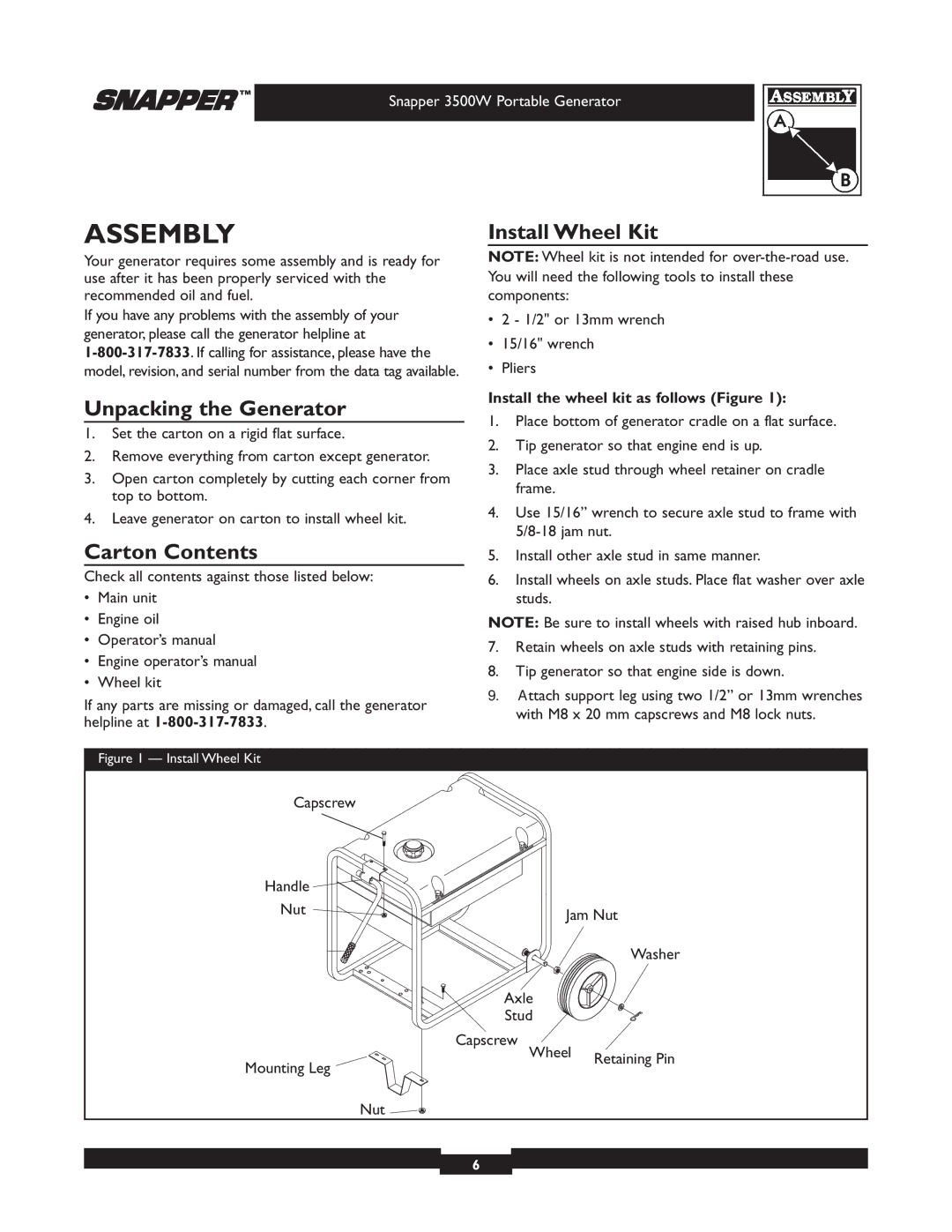 Snapper 030214 manual Assembly, Unpacking the Generator, Install Wheel Kit, Carton Contents 