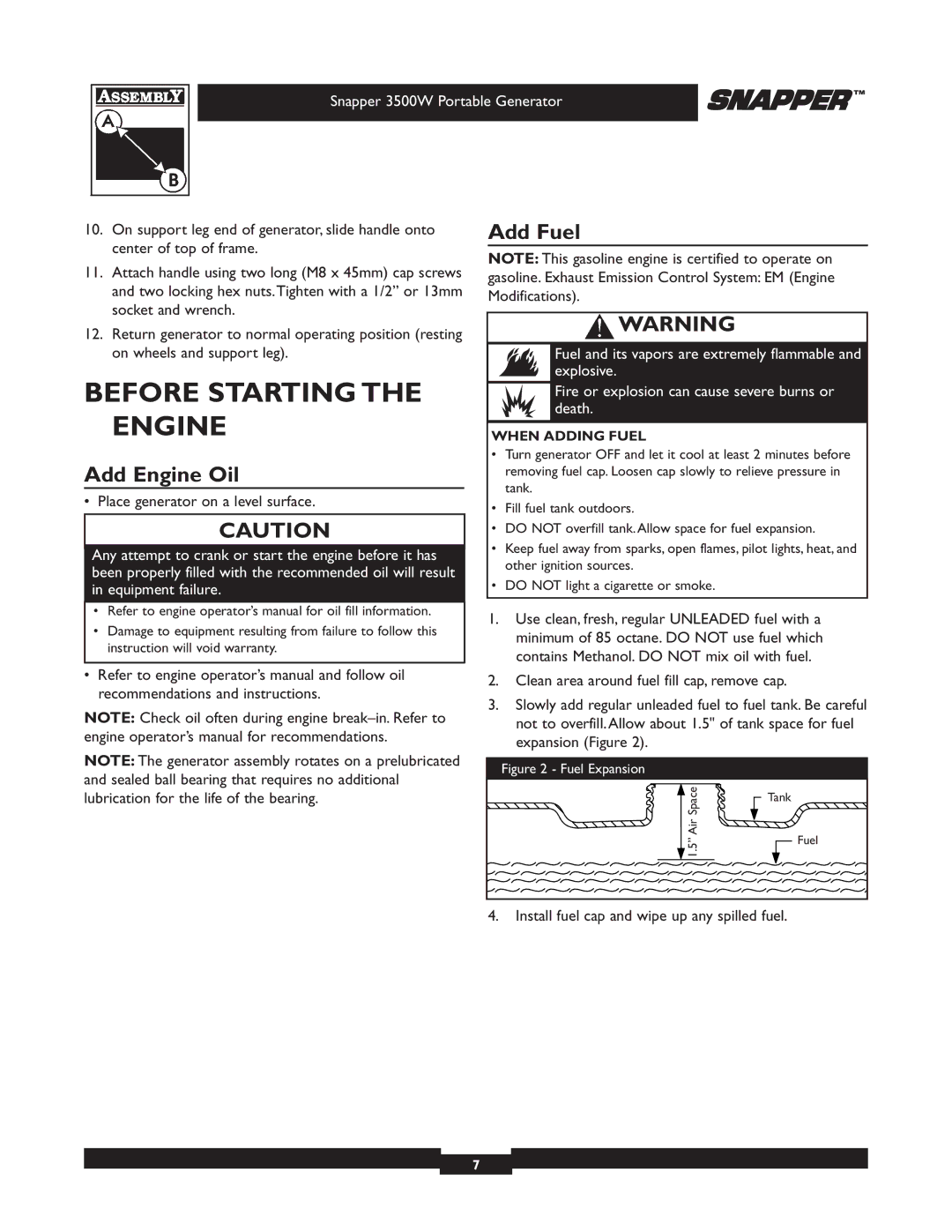 Snapper 030214 manual Before Starting Engine, Add Engine Oil, Add Fuel, When Adding Fuel 