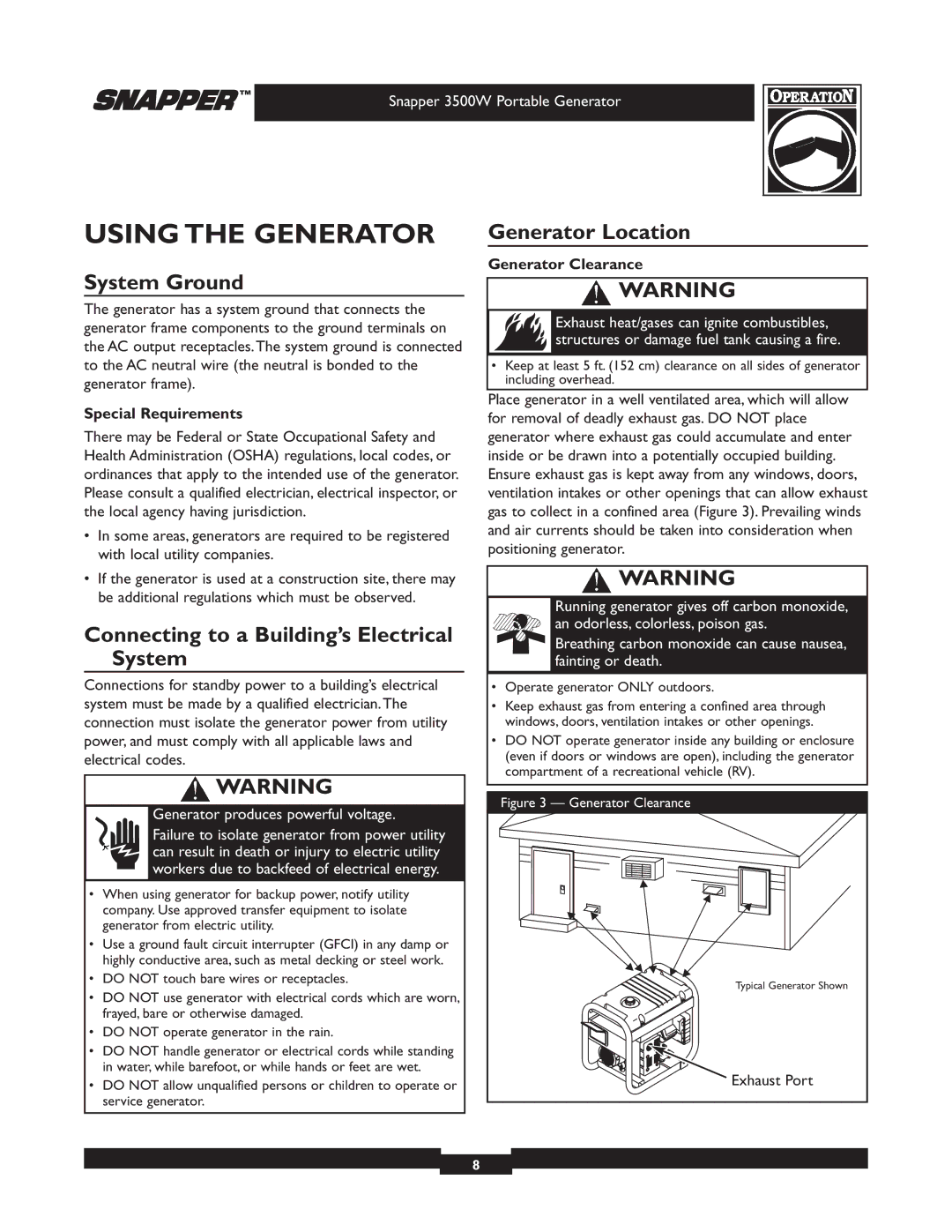 Snapper 030214 manual Using the Generator, System Ground, Connecting to a Building’s Electrical System, Generator Location 