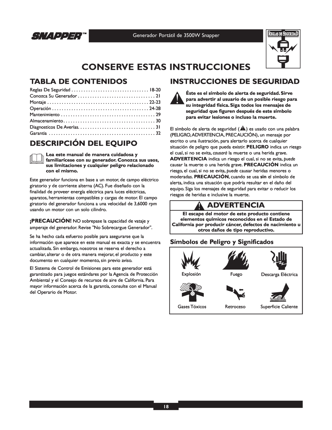 Snapper 030214 manual Tabla De Contenidos, Descripción Del Equipo, Instrucciones De Seguridad, Advertencia 