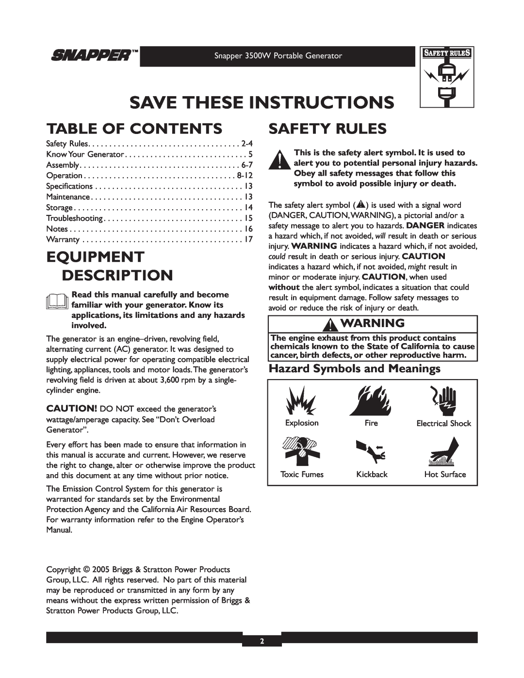 Snapper 030214 manual Table Of Contents, Equipment Description, Safety Rules, Hazard Symbols and Meanings 