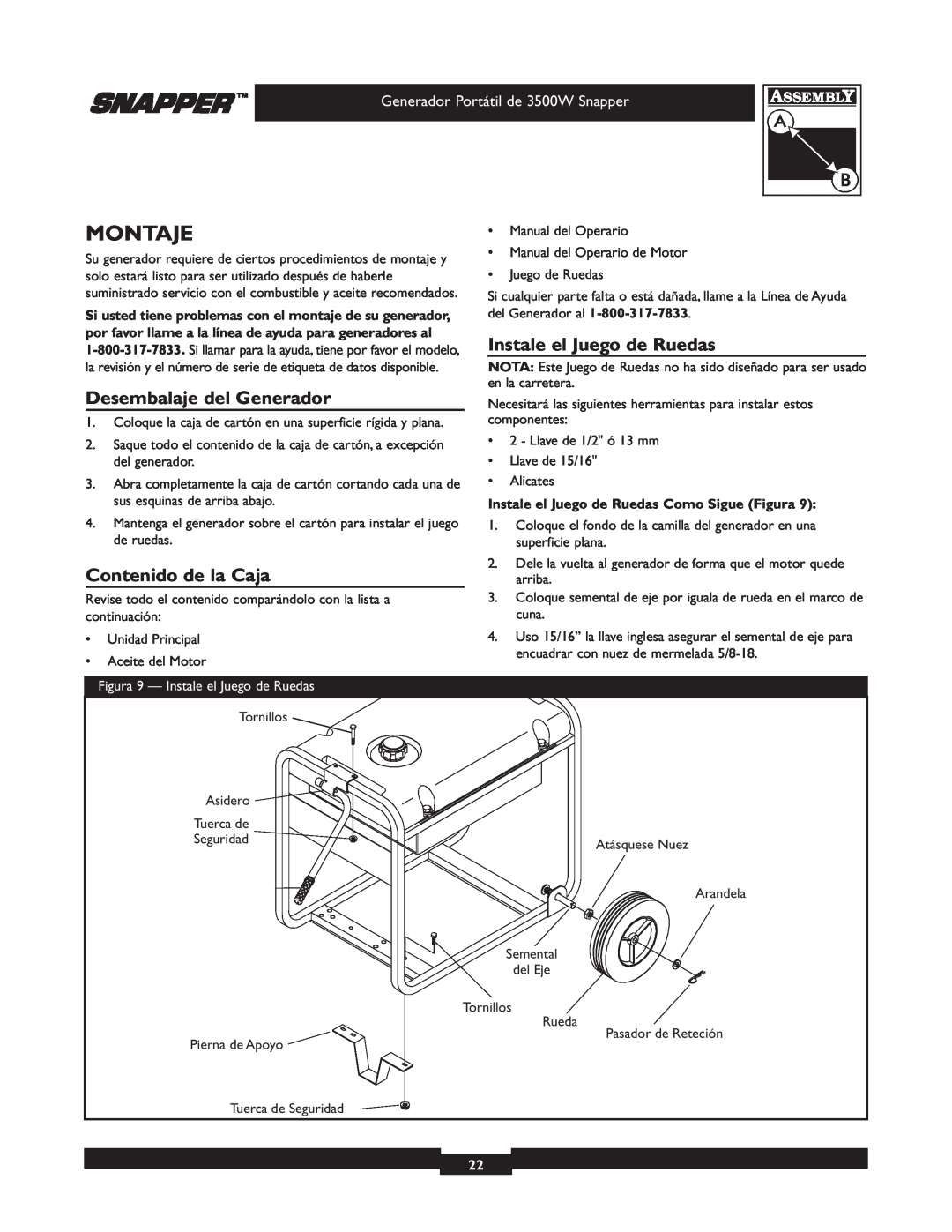 Snapper 030214 manual Montaje, Instale el Juego de Ruedas, Desembalaje del Generador, Contenido de la Caja 