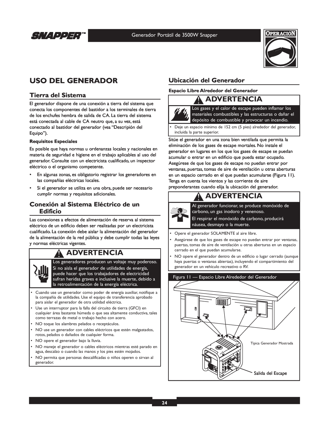 Snapper 030214 manual Uso Del Generador, Tierra del Sistema, Conexión al Sistema Eléctrico de un Edificio, Advertencia 