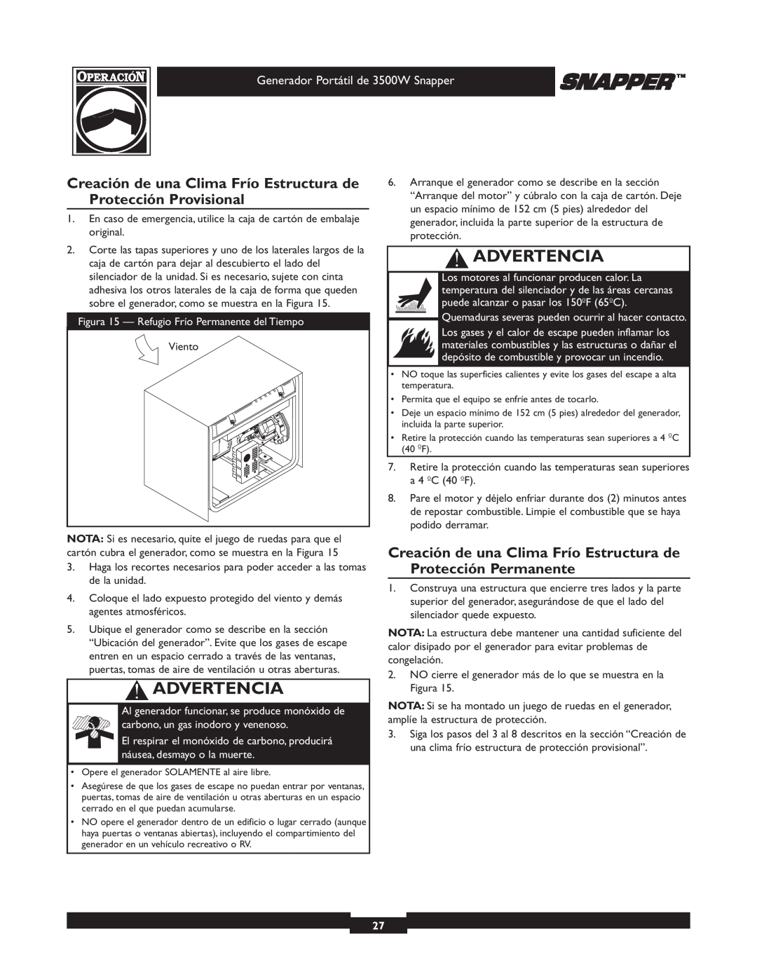 Snapper 030214 manual Creación de una Clima Frío Estructura de Protección Provisional, Advertencia 