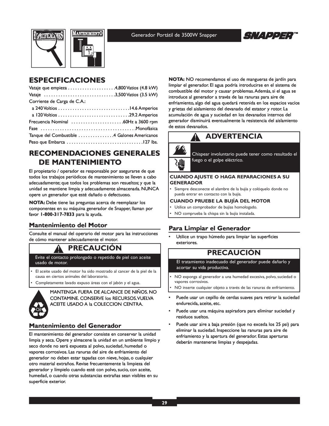 Snapper 030214 manual Especificaciones, Recomendaciones Generales De Mantenimiento, Mantenimiento del Motor, Advertencia 