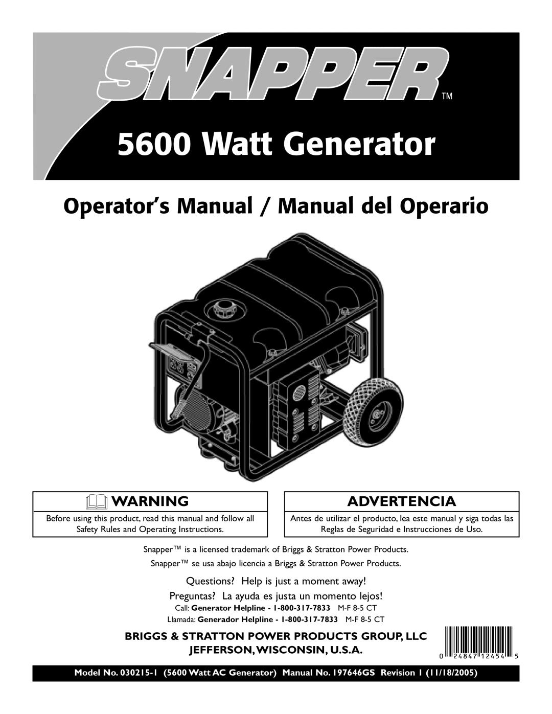 Snapper 030215-1 manual Watt Generator 